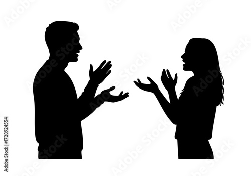 Silhouette of two people engaged in a lively conversation, their gestures full of expression.