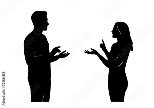 A man and woman engaged in a conversation, represented by black silhouettes. 