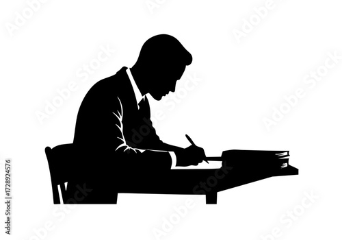 Silhouette of a person diligently writing at a desk, absorbed in his work.
