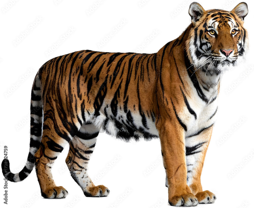 Obraz premium A majestic Bengal tiger with striking stripes and an elegant pose, standing proudly and isolated on a plain grey studio background.
