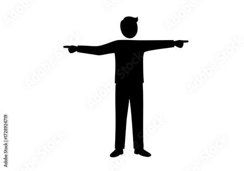 A silhouetted figure with arms outstretched, pointing in opposite directions.