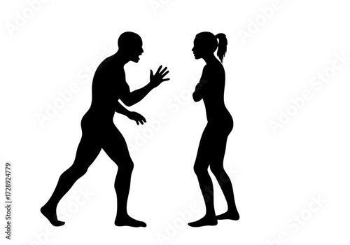 Silhouette of a tense confrontation between a man and a woman.