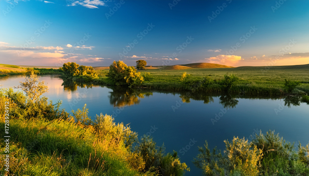 Fototapeta premium River Landscape In Kazakhstan Showing Calm Waters And Lush Greenery During The Evening Light