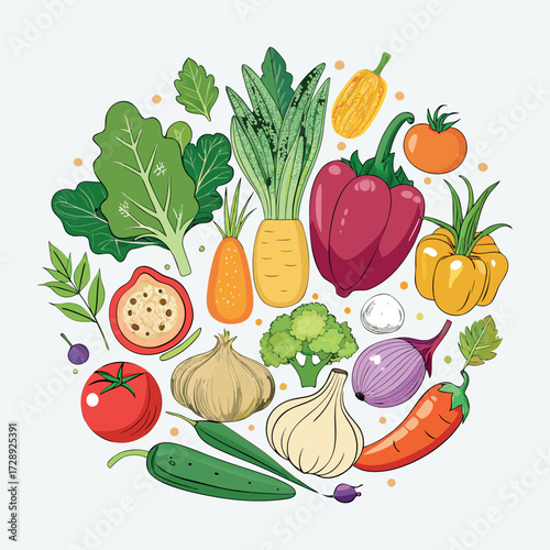 Colorful cartoon vegetables illustration, flat style, isolated on white background