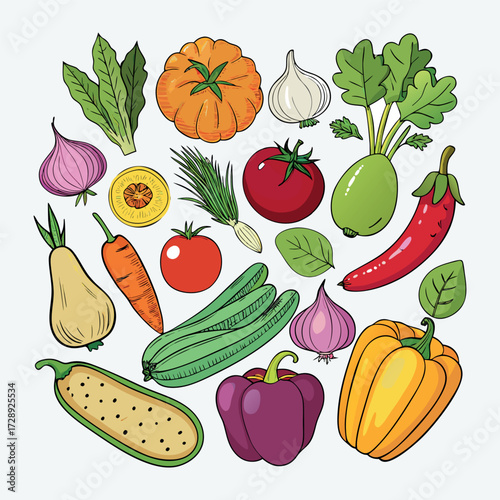 Colorful cartoon vegetables illustration, flat style, isolated on white background