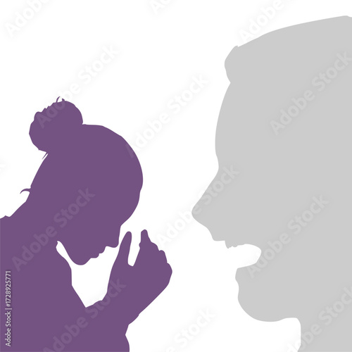 Abused young woman trying to hide. Stop violence against women. Family scandal, domestic violence and abuse. Crying woman harassed by her partner. Aggressive husband blaming and threatening his wife.
