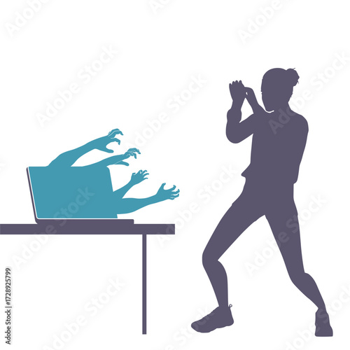 Social concept of sexual assault , domestic violence and harassment. Male hands reaching out to a woman working on laptop in office.