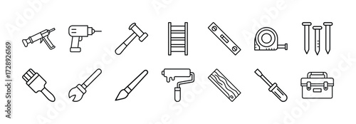 Vector art of collection of construction and diy tools, including a drill, hammer, ladder, paintbrushes, and toolbox