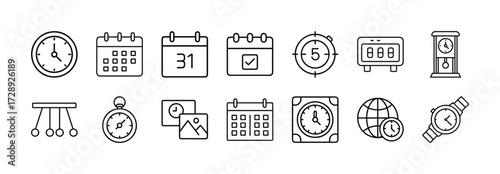 Vector art of set of time and calendar related icons, including clocks, calendars, stopwatch, digital display, pendulum, world clock, and photo frames