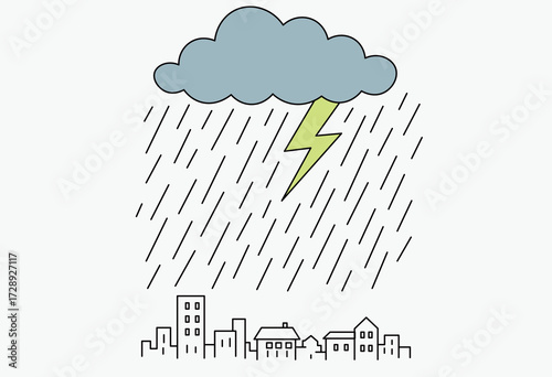 Thunderstorm over city heavy rain lightning cloud urban skyline weather disaster illustration