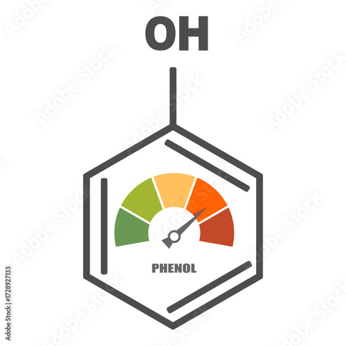 Structural chemical formula of phenol and level scale. Concept of medicine and health care.