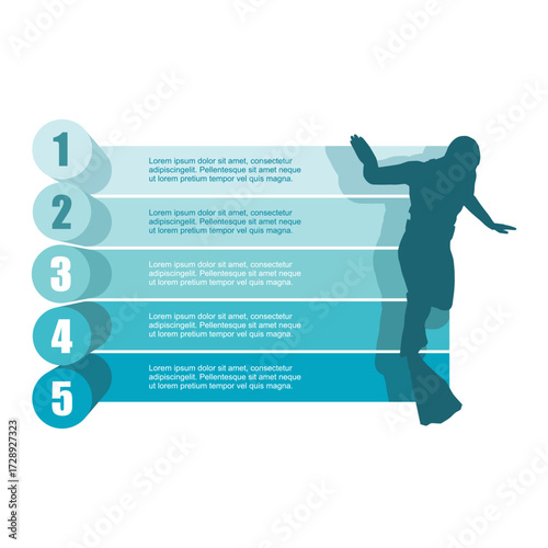 Silhouette of diver with five features or option of project to select. Minimal infographic illustration for sport and leisure activity information visualization.