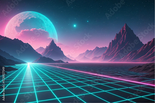 Abstract Neon Polygon Grid Horizon