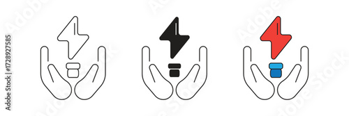 Electrical energy in hand icon set. Hand icon holding electricity.
