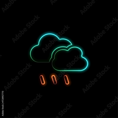 sun with nuns forming rain. neon style. neon sun. cloud with rain.