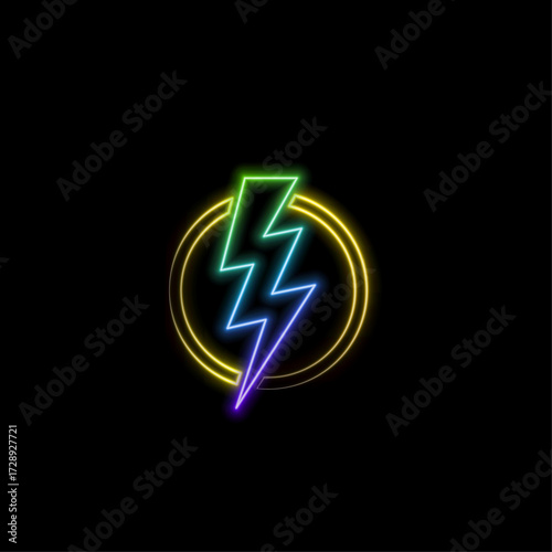 Set of realistic 3D color neon light sign of lightning on black background for flyer banner cover. Light energy symbol. Concept of lightning, thunder electricity. Bright vector illustration