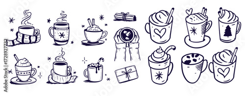 Christmas hot drink set of winter coffee, tea, chocolate