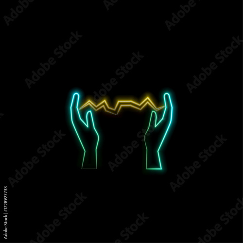 thunder neon light sign. neon lightning. realistic in blue color against black wall