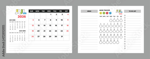 July 2026 calendar template with planner, memo, to-do list, and mood tracker for work and personal organization.