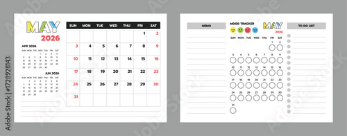 May 2026 calendar set with planner, memo, to-do list, and mood tracker. Perfect for organizing tasks and tracking moods.