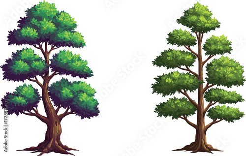 Tall green trees illustration, natural foliage design, isolated plant artwork, forest landscape element, eco friendly graphic, cad drawing flat vector illustration