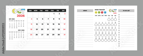 October 2026 calendar with planner, memo, to-do list, and mood tracker. Perfect for bullet journals and planners.
