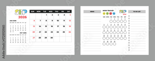 September 2026 calendar vector with planner, memo, to-do list, and mood tracker. Perfect for monthly planning.