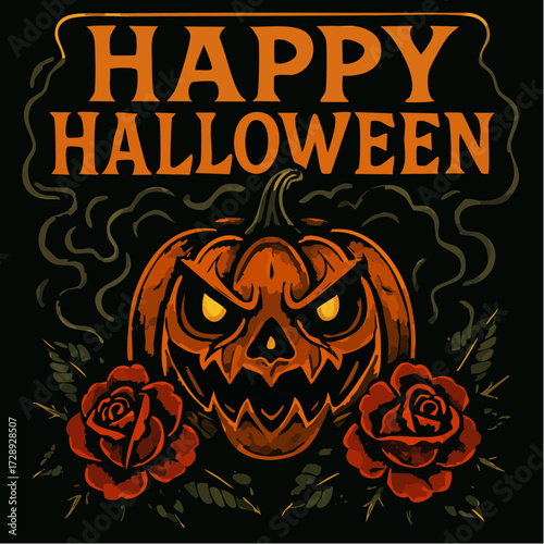 Neo-Traditional tattoo style "Happy Halloween" vector with angry jack-o'-lantern, smoke, and roses. Ideal for bold apparel and vintage spooky designs.