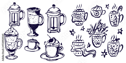 Christmas hot drink set of winter coffee, tea, chocolate