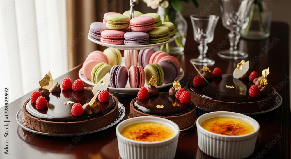 Naklejka premium Gourmet Dessert Table - Gourmet artisan dessert table with macarons, chocolate tarts and crème brûlée