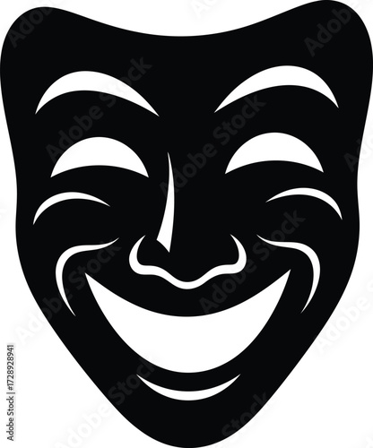 A black theatrical mask with a wide, happy smile, representing comedy and joy, set against a white background.