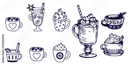 Christmas hot drink set of winter coffee, tea, chocolate