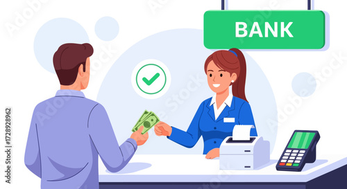 Customer receiving money from bank teller isolated on white background