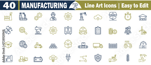 40 Manufacturing and industry editable line art icons set. In gold and blue on white,  factory,  production,  gears, robot arm, hard hat, tools, wrench, screwdriver, blueprint, vector illustration. 