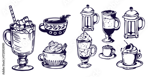 Christmas hot drink set of winter coffee, tea, chocolate