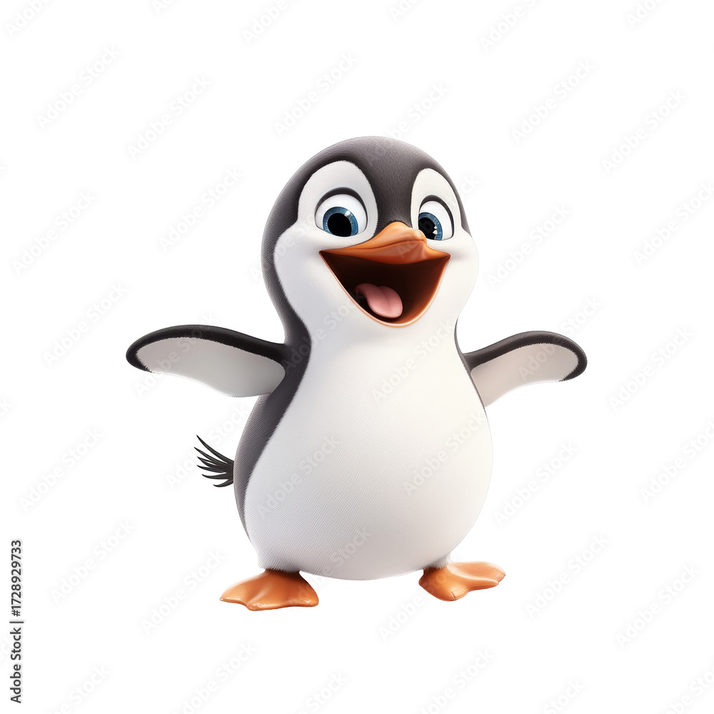 Fototapeta premium Animated cheerful penguin character with open wings on white background