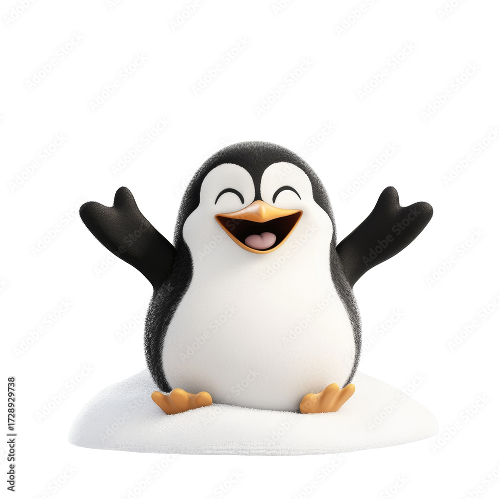 Obraz premium Joyful cartoon penguin sitting on snow with open arms