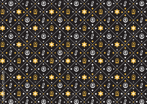 This is a seamless, geometric vector pattern featuring a grid of black diamond shapes bordered with white dotted lines. Inside each diamond are repeating stylized symbols