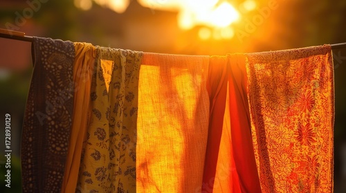 The view of clothes being dried is decorated with sunlight and clouds