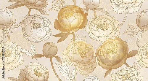 Elegant Golden Peony Floral Seamless Pattern.