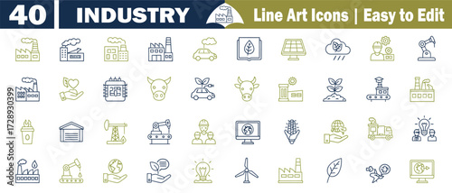 Industry line art icons set for easy editing collection. These vectors include factory, power, energy, environment, nature, agriculture, technology, renewable, sustainable, manufacturing, illustration