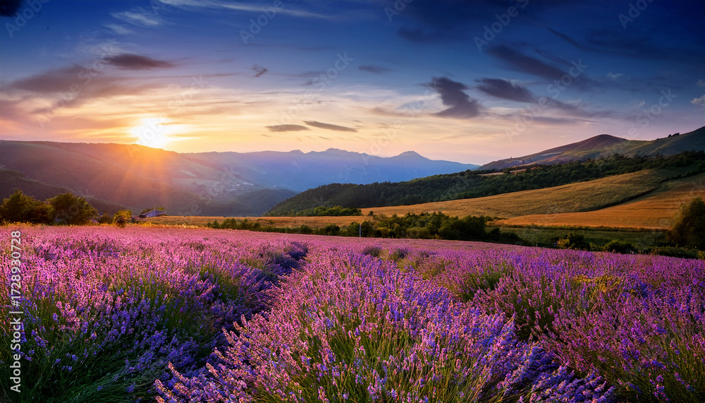 Fototapeta premium Serene Lavender Field At Sunset With Rolling Hills And Mountains