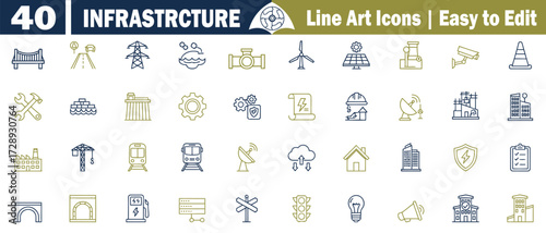 A set of 40 infrastructure and industry line art icons. Vectorized, including technology, construction, transportation, energy, buildings, bridge, road, power line, pipe, in blue and gold shape. 
