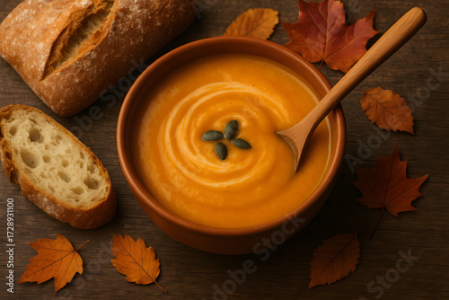 Bol de soupe de potiron fumante avec pain frais