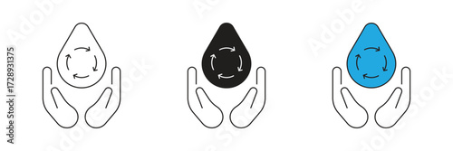 Water recycling icon set. Vector icon of a hand holding recycled water.
