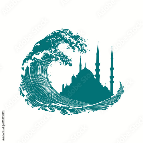 Wave crests over a mosque silhouette