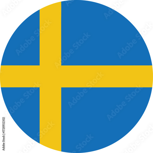 circular sweden national flag icon with yellow nordic cross on blue background