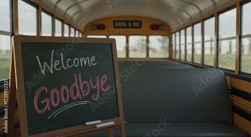 Departure and Arrival: A chalkboard display sits inside an empty school bus. The board greets with 'Welcome' and bids a 'Goodbye', evoking the transient passage of time.