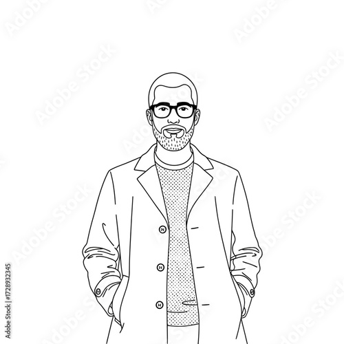 Line art illustration of a stylish man with glasses and a beard, wearing a coat and sweater, standing with hands in pockets.