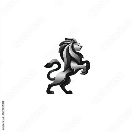 A heraldic lion, in shades of gray, stands rearing up on its hind legs, with a white background